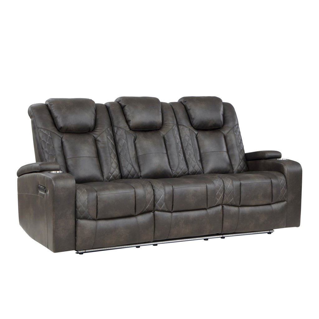 Mia 83 Inch Power Double Recliner Sofa, Gray Faux Leather, USB, Drop Table By Casagear Home