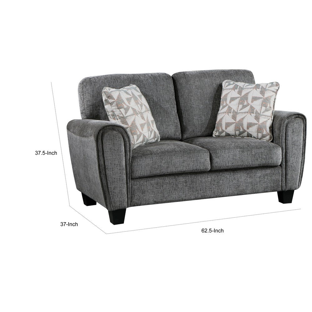 Lucy 63 Inch Loveseat Gray Chenille 2 Pillows Soft Cushions Solid Wood By Casagear Home BM315197