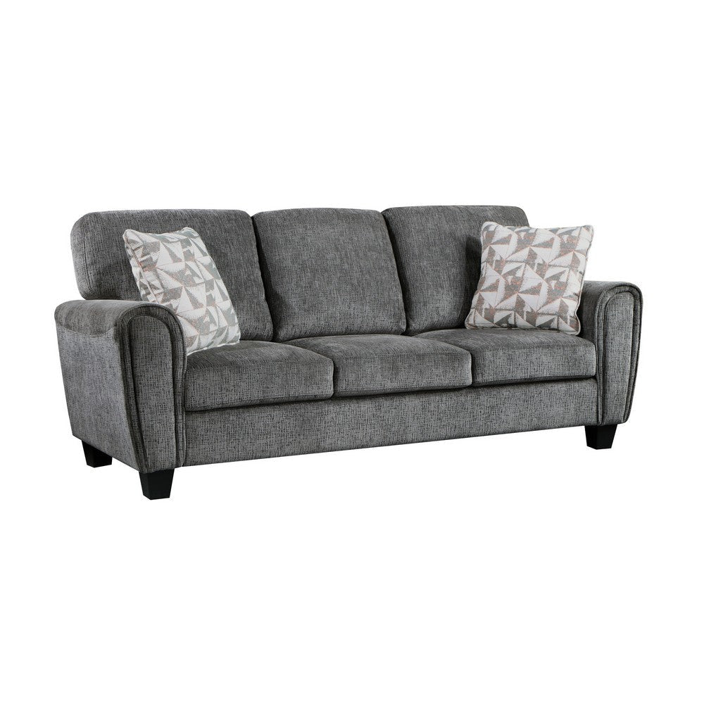 Lucy 85 Inch Sofa, Gray Chenille, 2 Pillows, Soft Cushions, Solid Wood By Casagear Home