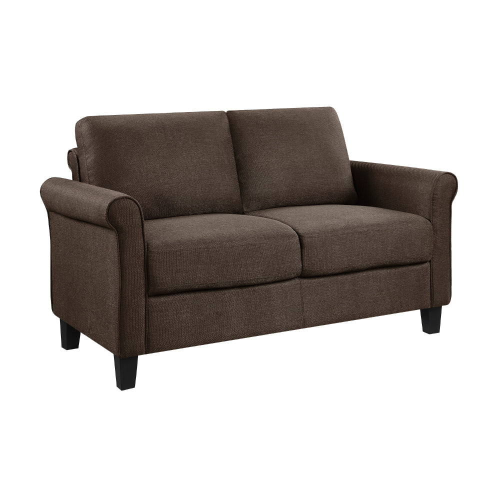 Nora 58 Inch Loveseat, Brown Polyester, Cushions, Rolled Arms, Solid Wood By Casagear Home