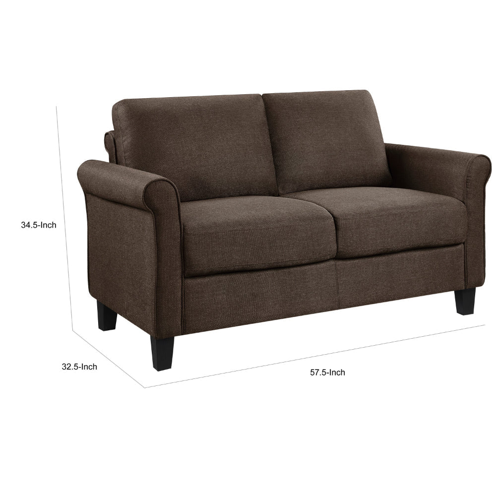 Nora 58 Inch Loveseat Brown Polyester Cushions Rolled Arms Solid Wood By Casagear Home BM315201