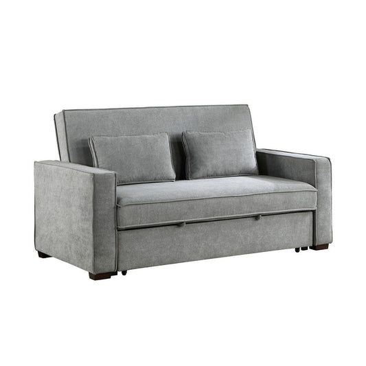 Malti 77 Inch Sofa with Pull Out Bed, Gray Polyester, 2 Pillows, Solid Wood By Casagear Home