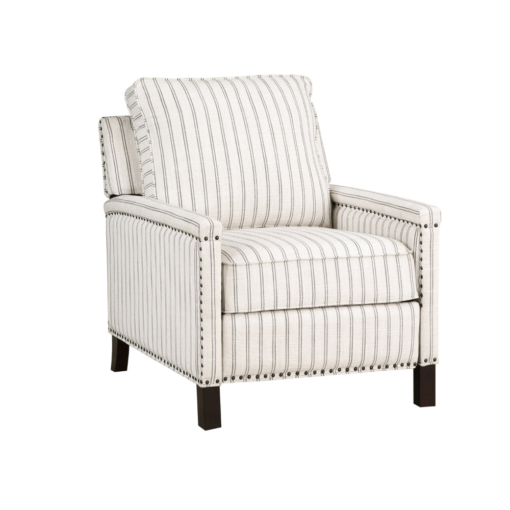 Claire 34 Inch Accent Chair, Push Recliner, Beige Gray Polyester Pinstripes By Casagear Home