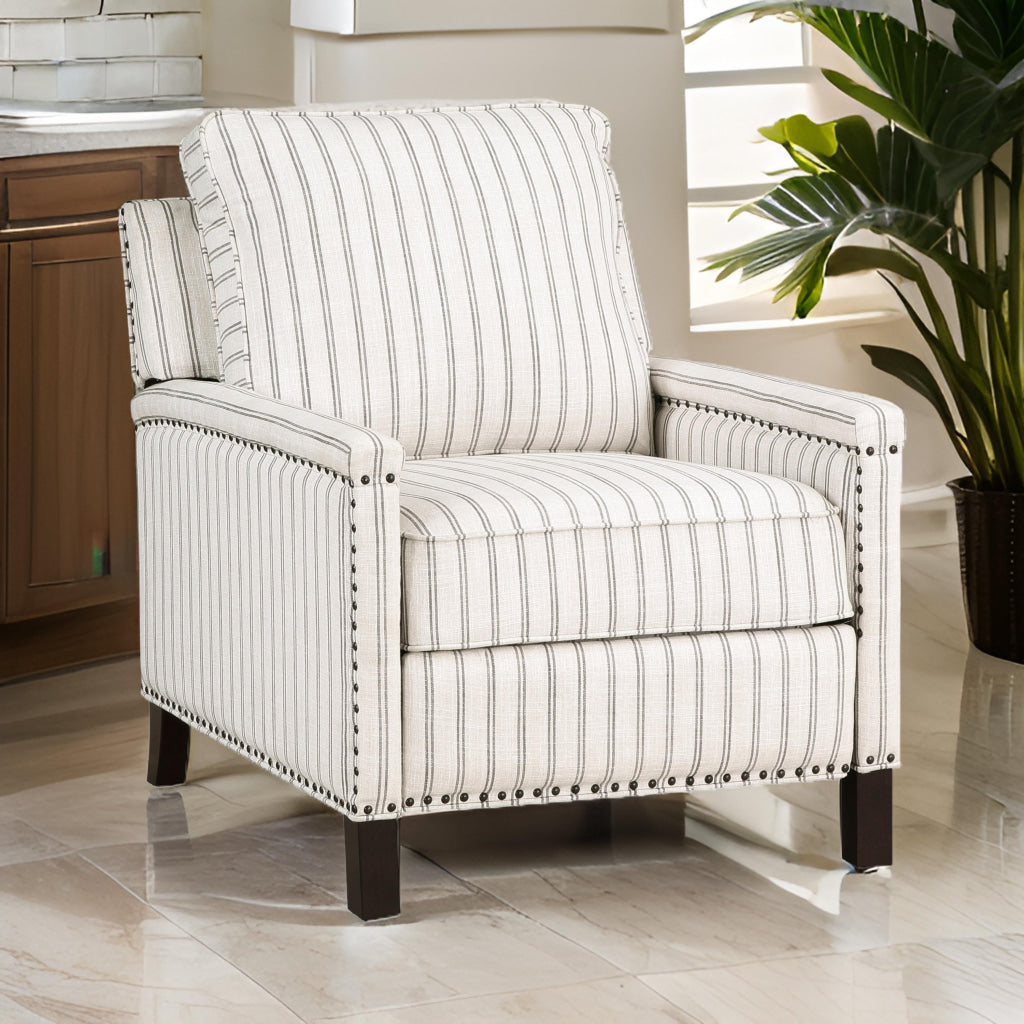 Claire 34 Inch Accent Chair, Push Recliner, Beige Gray Polyester Pinstripes By Casagear Home