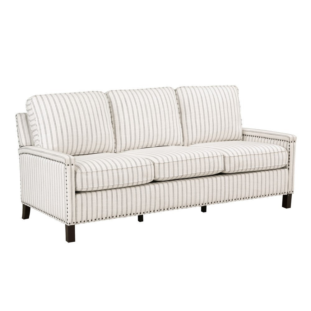 Claire 78 Inch Sofa, Beige, Gray Polyester Pinstripes, Cushions, Solid Wood By Casagear Home