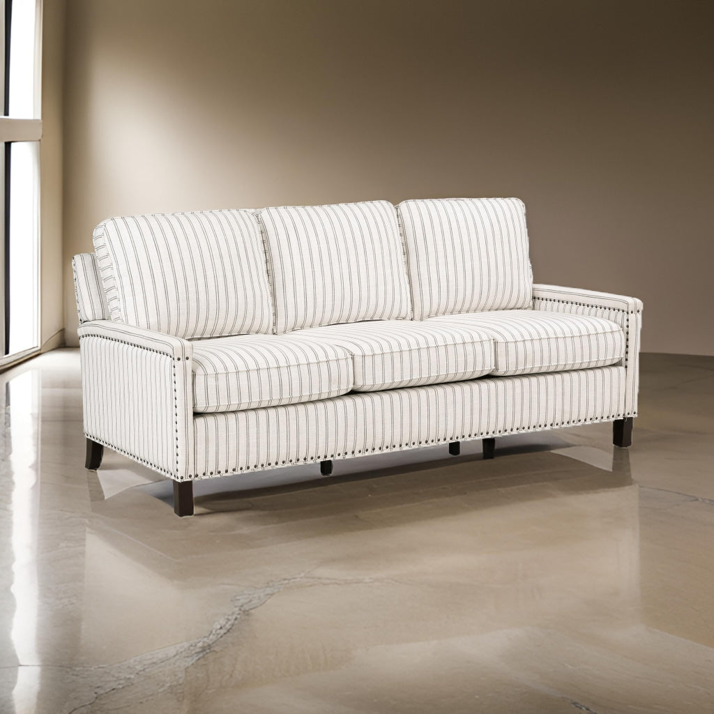 Claire 78 Inch Sofa Beige Gray Polyester Pinstripes Cushions Solid Wood By Casagear Home BM315211