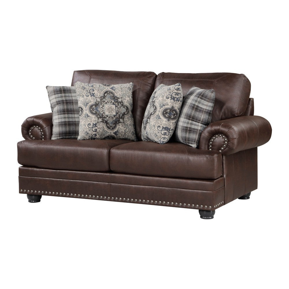 Jade 72 Inch Loveseat, Rich Brown Microfiber, 4 Pillows Soft Cushions, Wood By Casagear Home