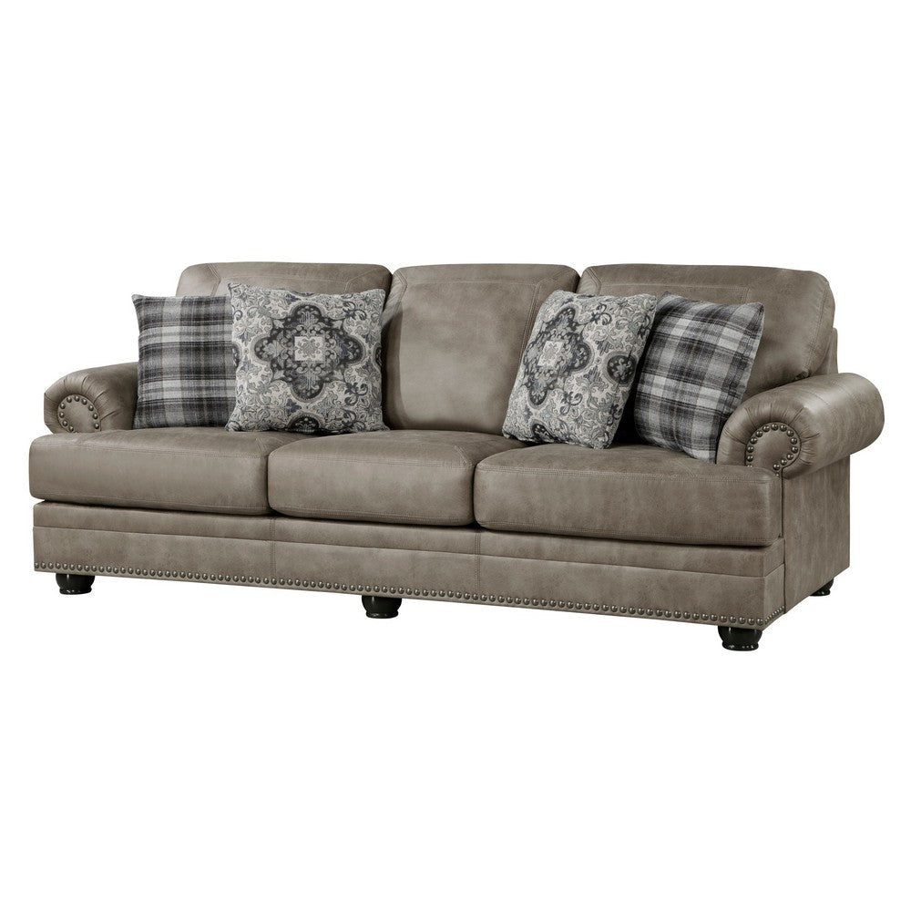 Jade 98 Inch Sofa Taupe Brown Microfiber 4 Pillows Soft Cushions Wood By Casagear Home BM315217