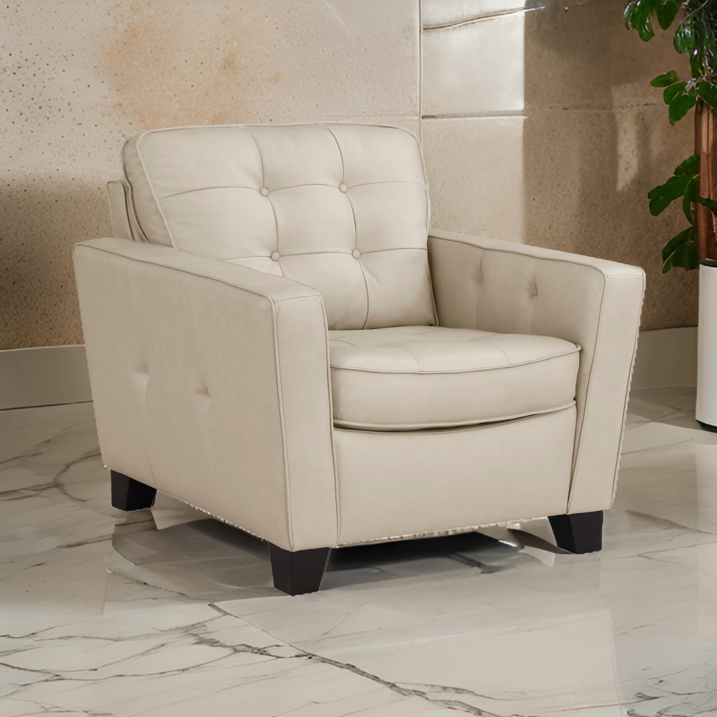 Erin 39 Inch Accent Chair Beige Leather Tufted Soft Cushions Solid Wood By Casagear Home BM315218