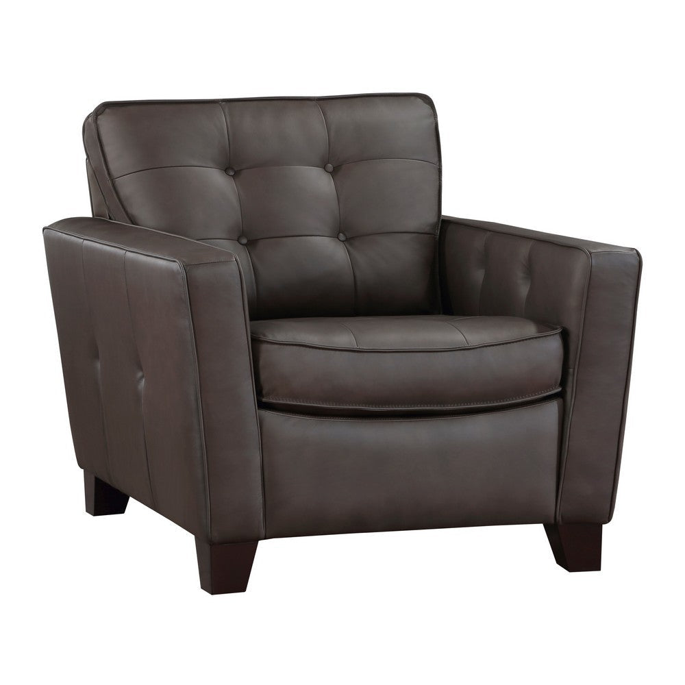 Erin 39 Inch Accent Chair, Brown Leather, Tufted, Soft Cushions, Solid Wood By Casagear Home