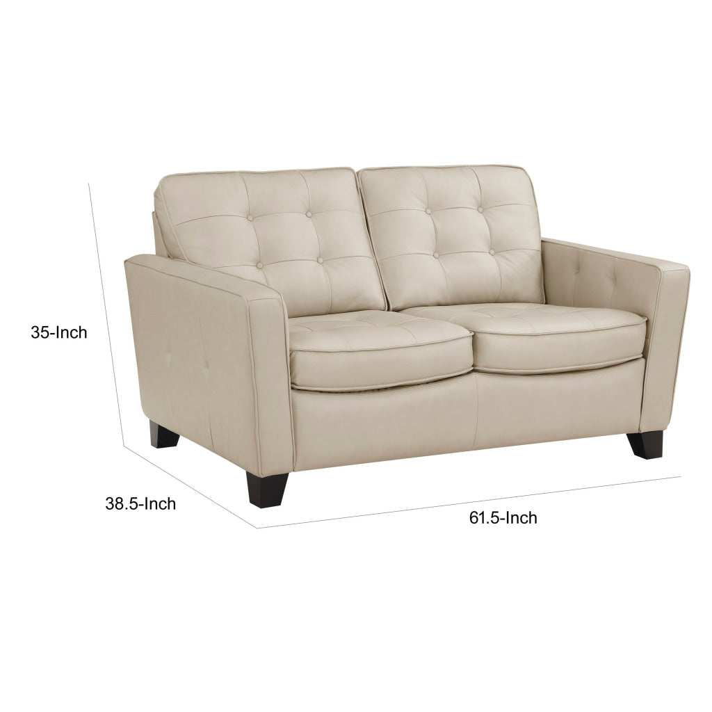 Erin 62 Inch Loveseat Beige Leather Stitch Tufting Cushions Solid Wood By Casagear Home BM315220