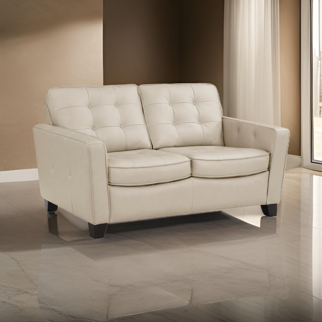 Erin 62 Inch Loveseat Beige Leather Stitch Tufting Cushions Solid Wood By Casagear Home BM315220