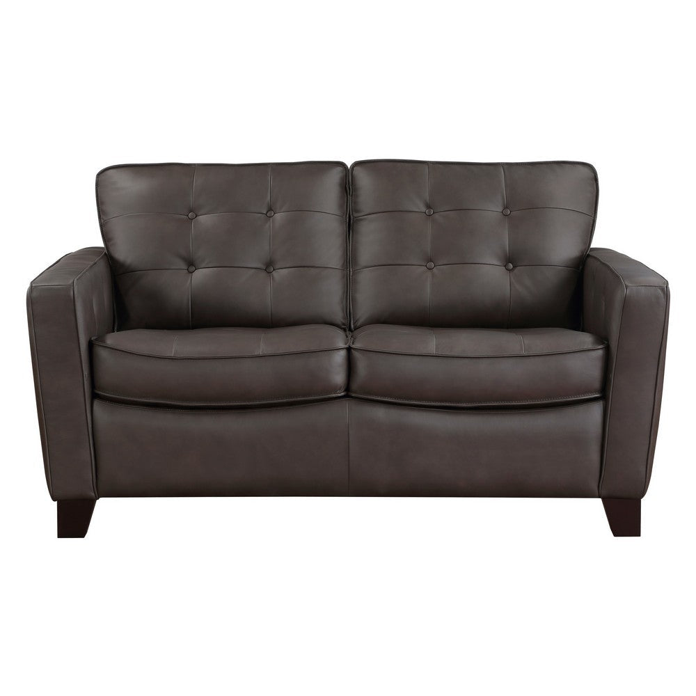 Erin 62 Inch Loveseat Brown Leather Stitch Tufting Cushions Solid Wood By Casagear Home BM315221