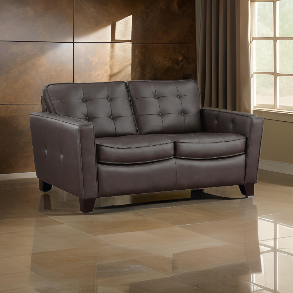 Erin 62 Inch Loveseat Brown Leather Stitch Tufting Cushions Solid Wood By Casagear Home BM315221