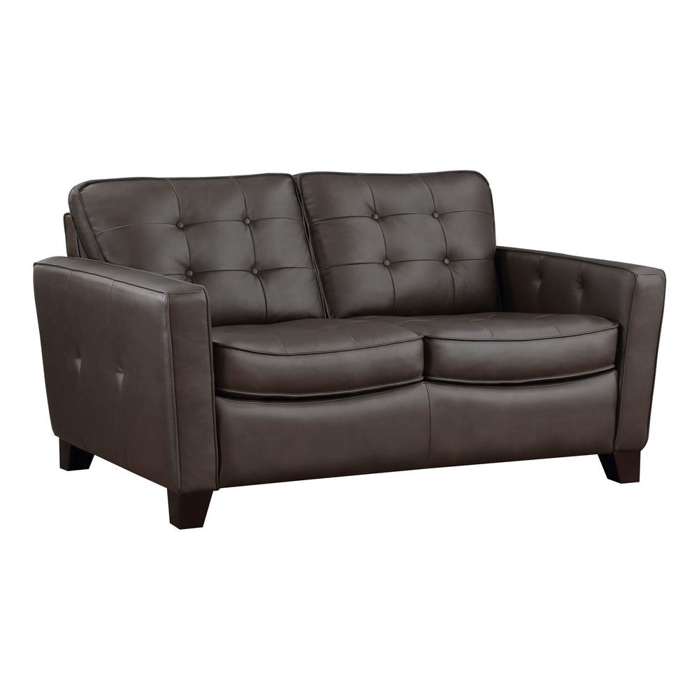 Erin 62 Inch Loveseat, Brown Leather, Stitch Tufting, Cushions, Solid Wood By Casagear Home