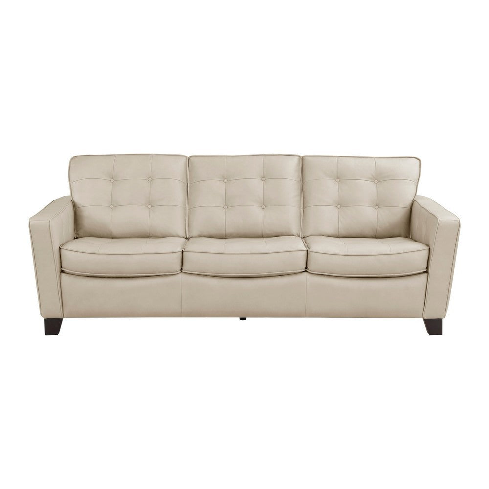 Erin 87 Inch Sofa Beige Leather Stitch Tufting Cushions Solid Wood By Casagear Home BM315222