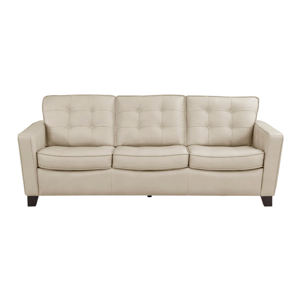 Erin 87 Inch Sofa Beige Leather Stitch Tufting Cushions Solid Wood By Casagear Home BM315222