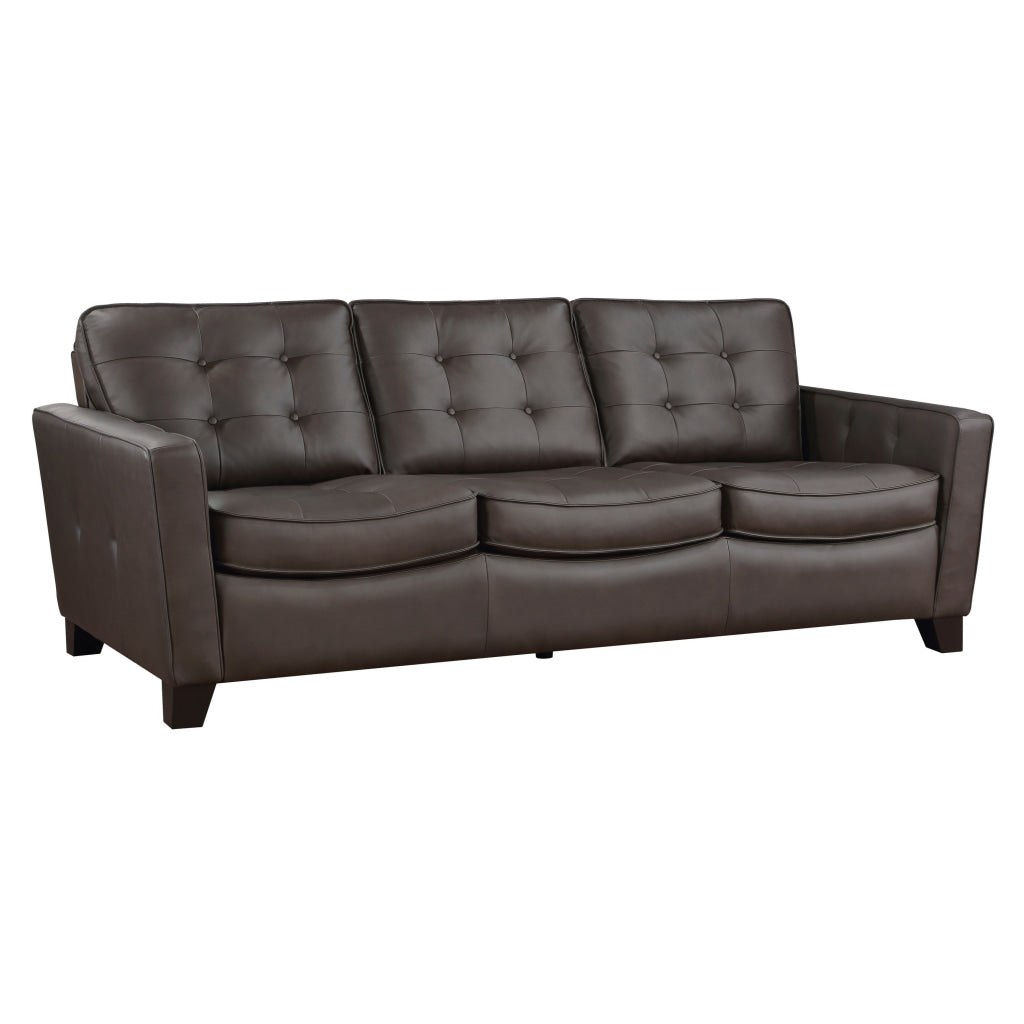 Erin 87 Inch Sofa Brown Leather Stitch Tufting Cushions Solid Wood By Casagear Home BM315223