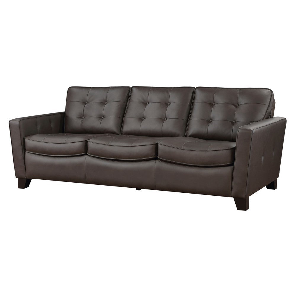 Erin 87 Inch Sofa Brown Leather Stitch Tufting Cushions Solid Wood By Casagear Home BM315223