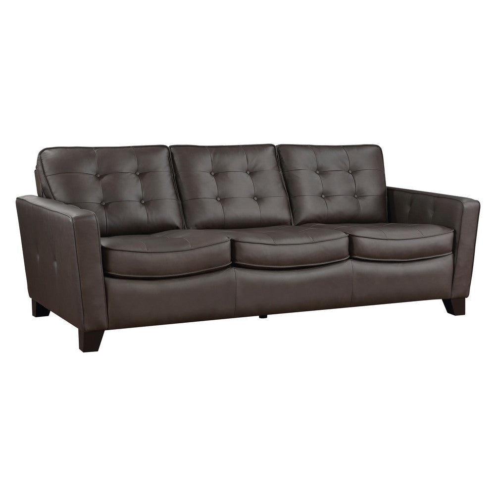 Erin 87 Inch Sofa, Brown Leather, Stitch Tufting, Cushions, Solid Wood By Casagear Home