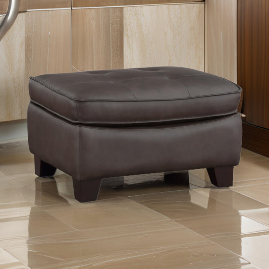 Erin 30 Inch Ottoman Brown Leather Stitch Tufting Cushion Solid Wood By Casagear Home BM315225