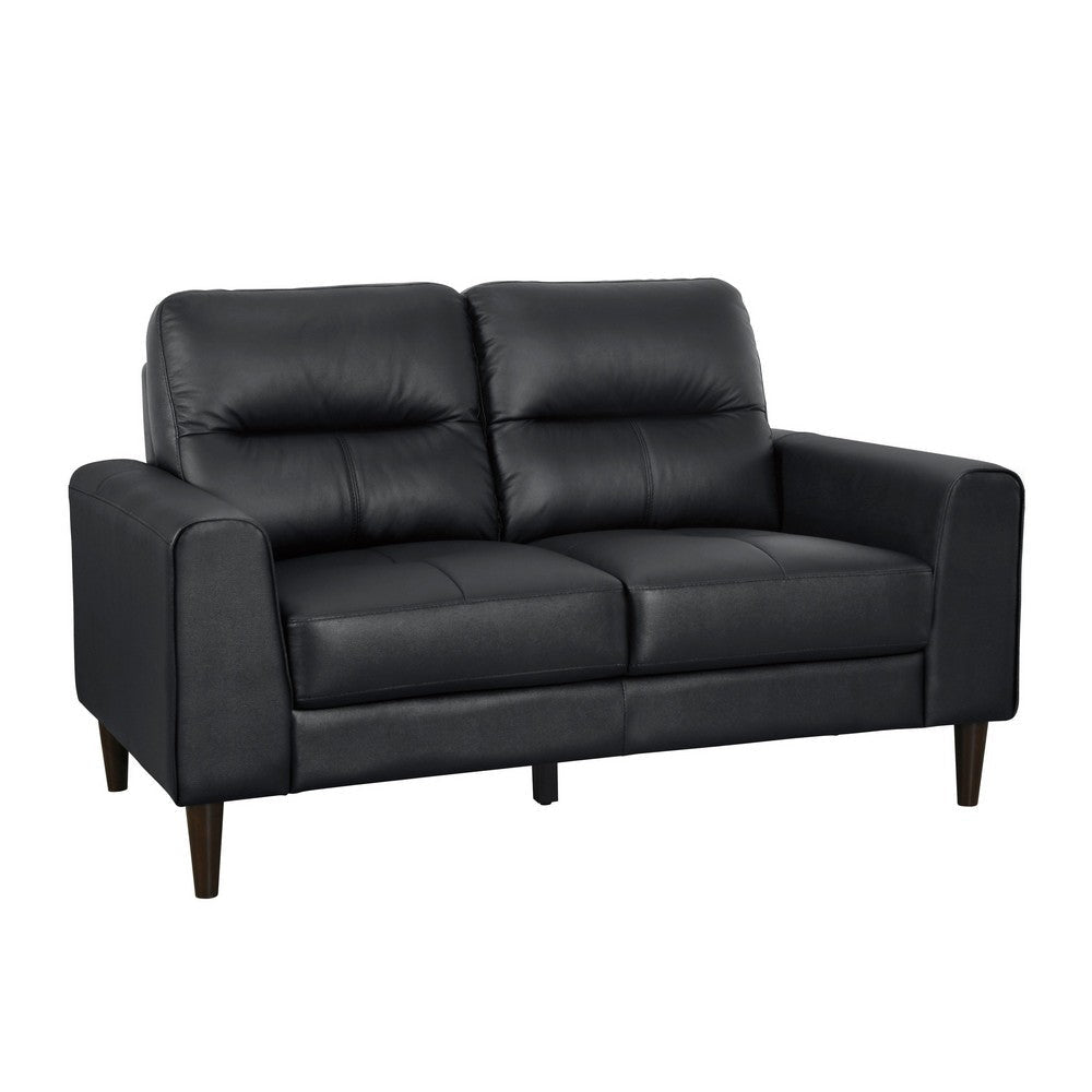 Willow 56 Inch Loveseat, Black Top Grain and Faux Leather, Solid Wood By Casagear Home