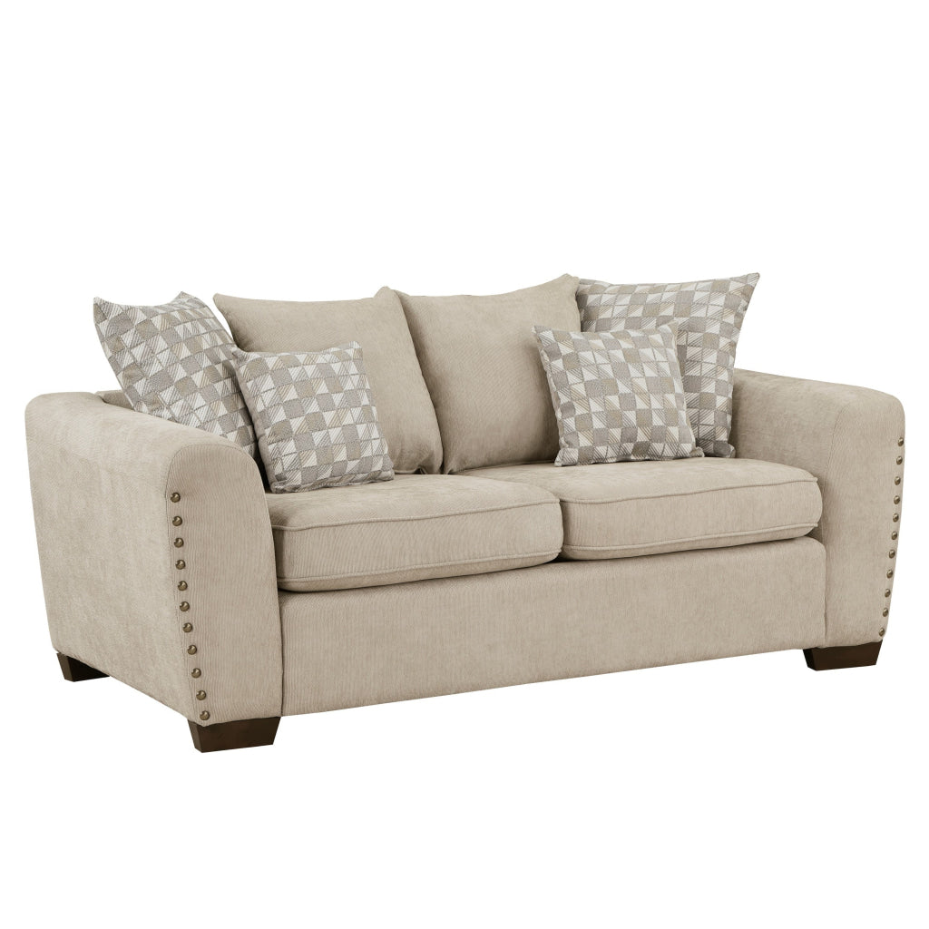 Gini 70 Inch Loveseat 6 Pillows Nailhead Trim Brown Chenille Solid Wood By Casagear Home BM315240