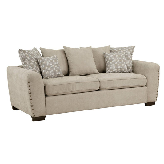 Gini 82 Inch Sofa, 7 Pillows, Nailhead Trim, Brown Chenille, Solid Wood By Casagear Home