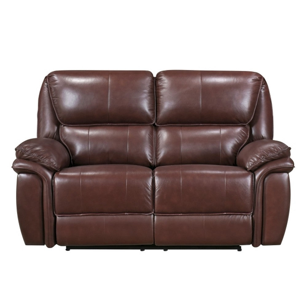 Jack 66 Inch Manual Recliner Loveseat Plush Brown Top Grain Leather Wood By Casagear Home BM315243