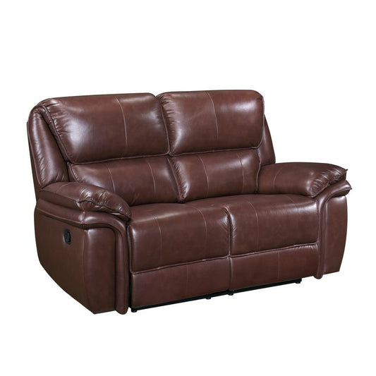 Jack 66 Inch Manual Recliner Loveseat, Plush Brown Top Grain Leather, Wood By Casagear Home