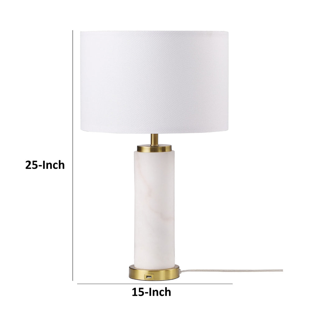 25 Inch Table Lamp White Fabric Drum Shade Modern Gold Metal Round Base By Casagear Home BM315251