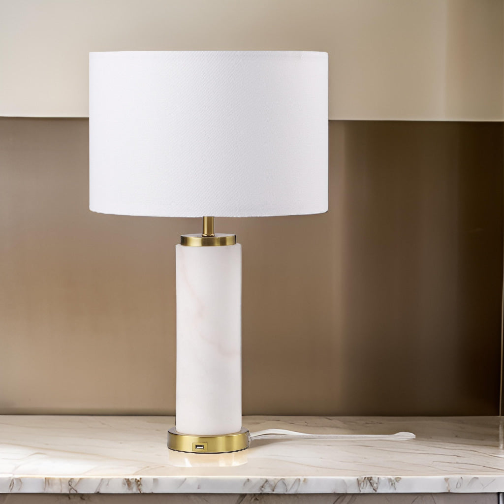 25 Inch Table Lamp White Fabric Drum Shade Modern Gold Metal Round Base By Casagear Home BM315251