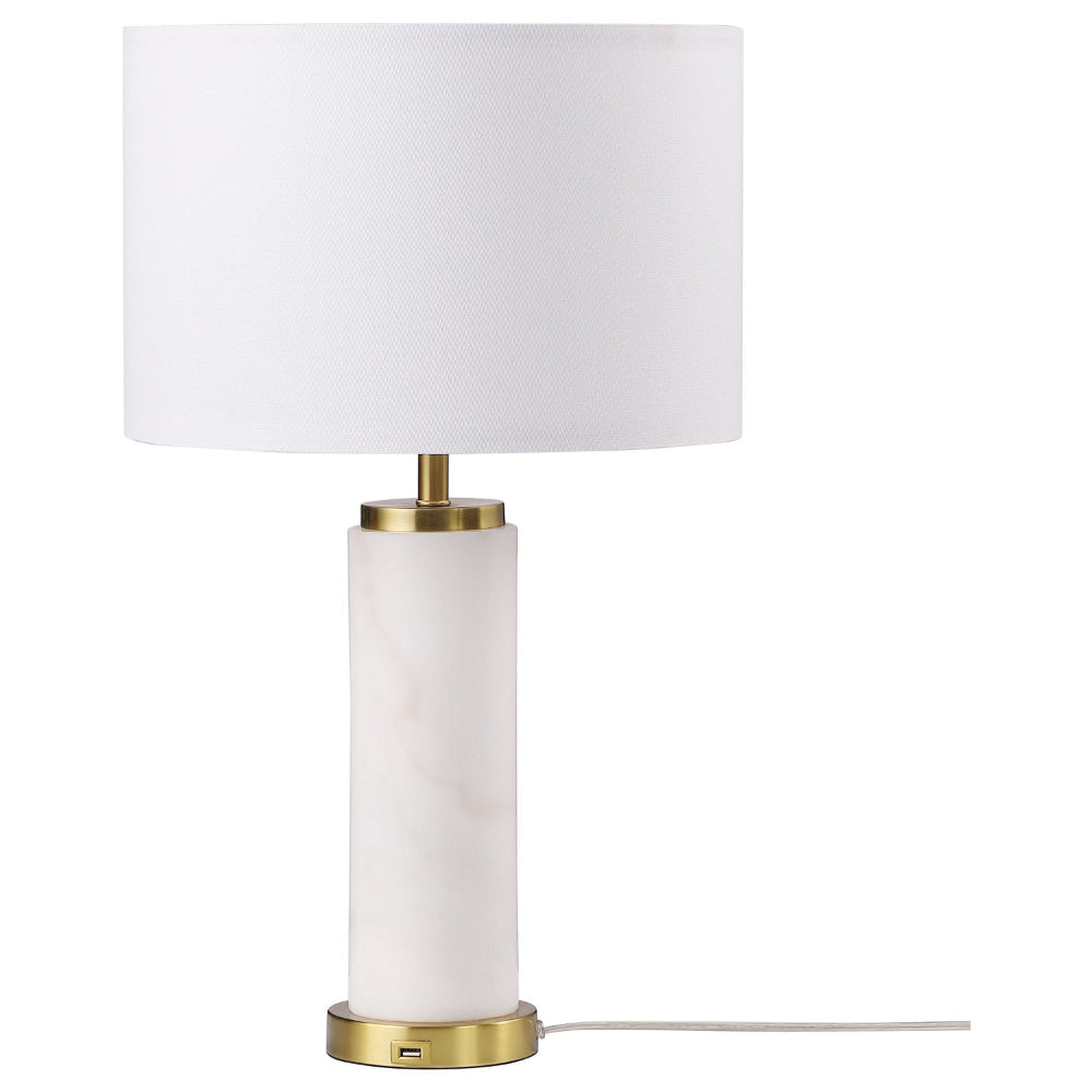 25 Inch Table Lamp, White Fabric Drum Shade, Modern Gold Metal Round Base By Casagear Home