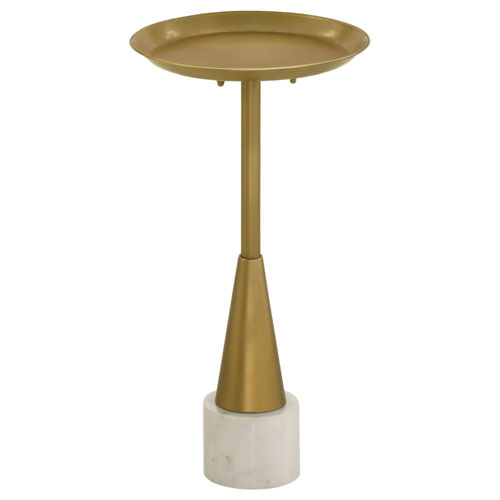 24 Inch Drink Side Table, 12 Inch Round Tray Top, White Marble Base, Gold By Casagear Home