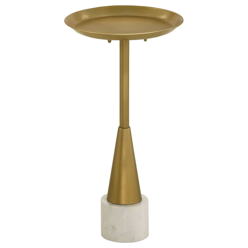 24 Inch Drink Side Table 12 Inch Round Tray Top White Marble Base Gold By Casagear Home BM315253