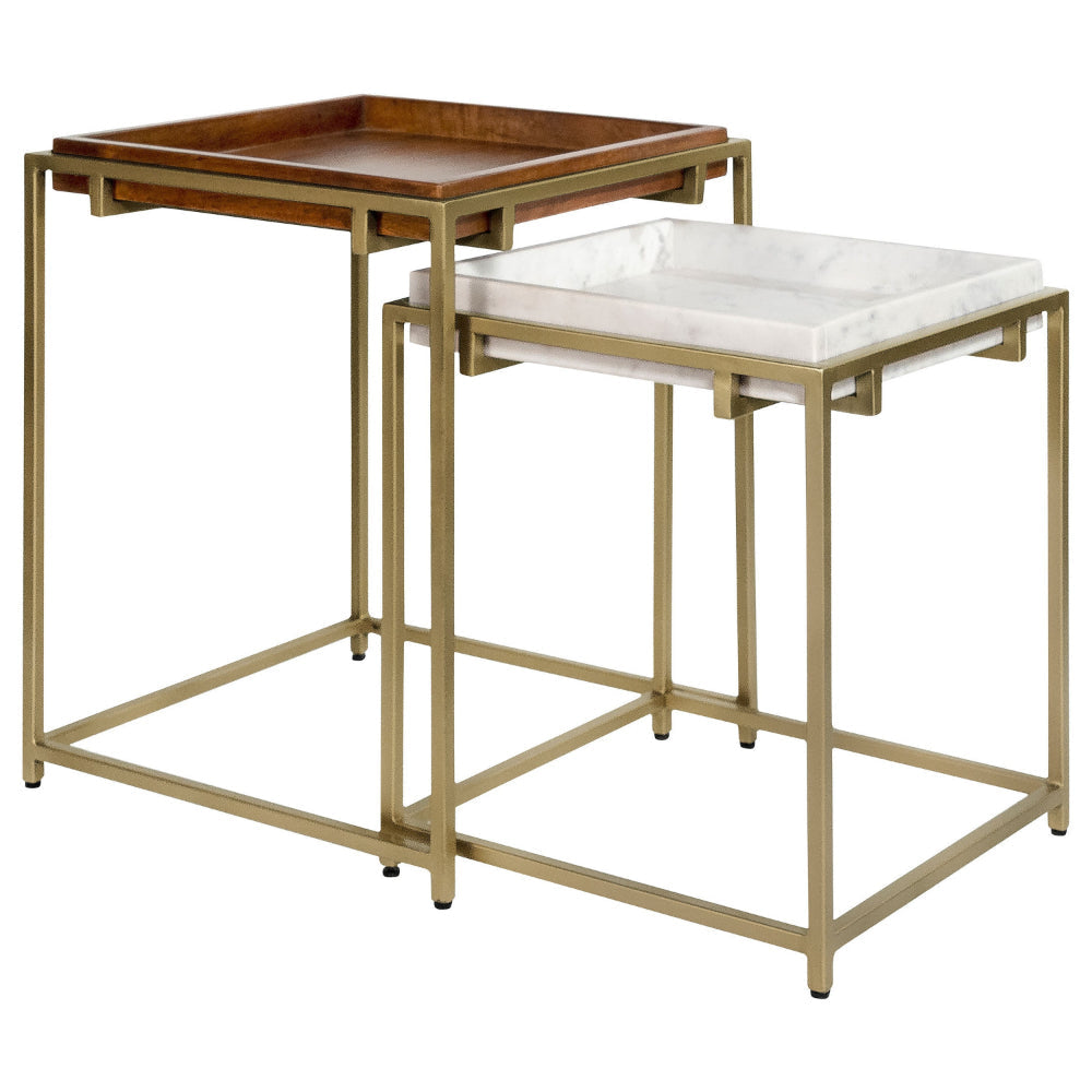 2 Piece Nesting End Table Set Square Tray Top White Marble Gold Brown By Casagear Home BM315254