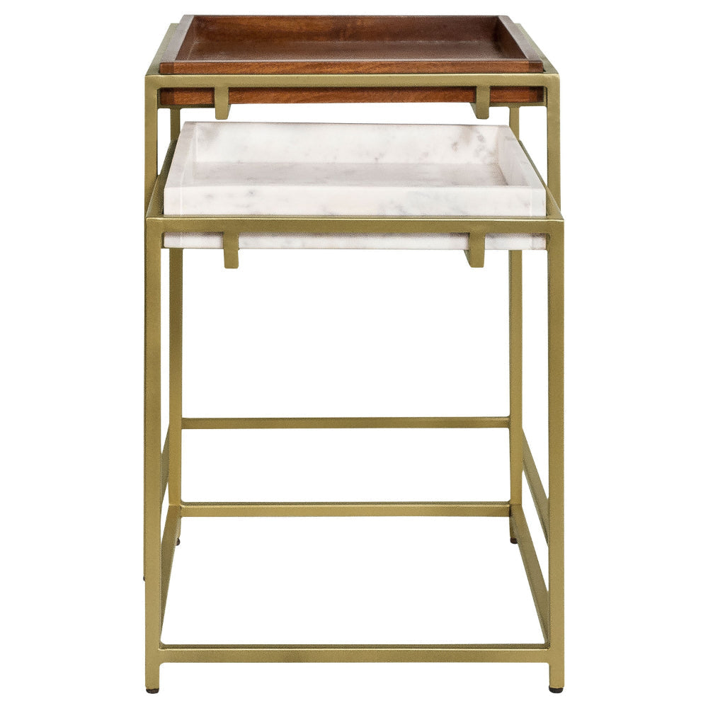 2 Piece Nesting End Table Set Square Tray Top White Marble Gold Brown By Casagear Home BM315254