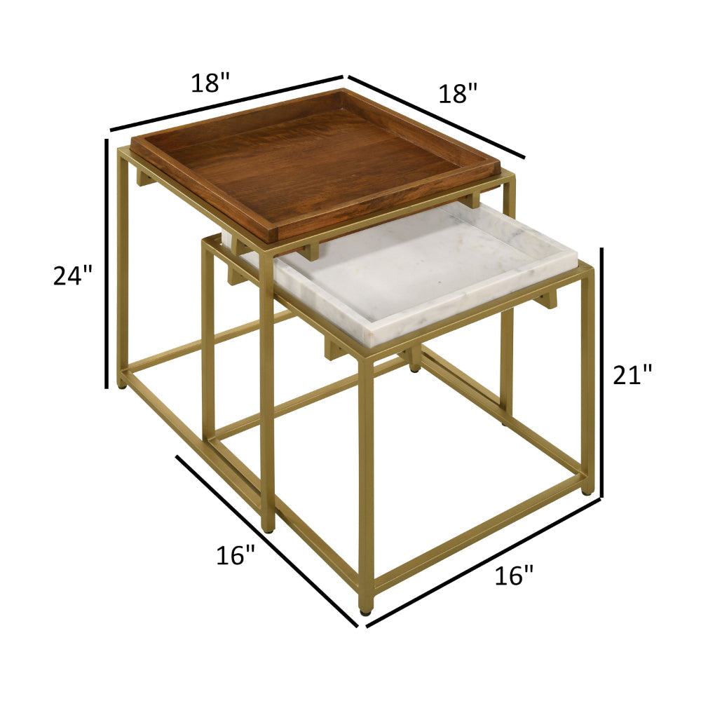 2 Piece Nesting End Table Set Square Tray Top White Marble Gold Brown By Casagear Home BM315254