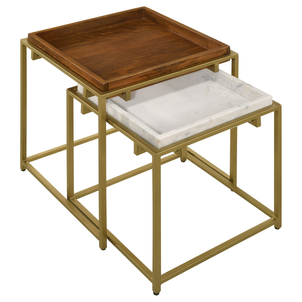 2 Piece Nesting End Table Set, Square Tray Top, White Marble, Gold, Brown By Casagear Home