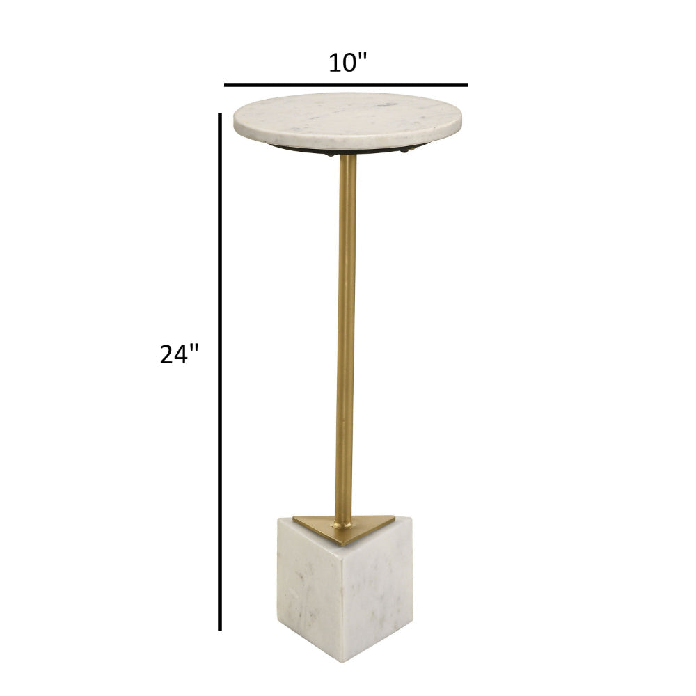 Drink Side Table 10 Inch Round Marble Top Triangular Base Gold Frame By Casagear Home BM315255