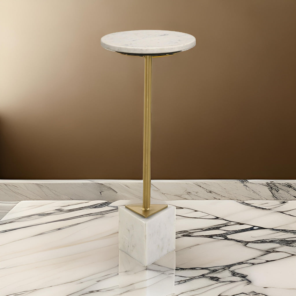 Drink Side Table, 10 Inch Round Marble Top, Triangular Base, Gold Frame By Casagear Home