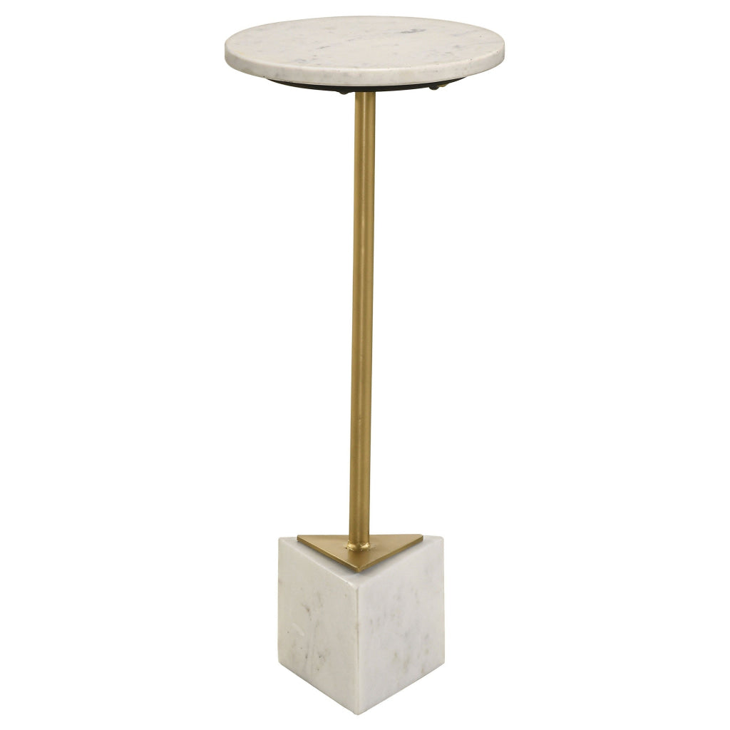 Drink Side Table 10 Inch Round Marble Top Triangular Base Gold Frame By Casagear Home BM315255