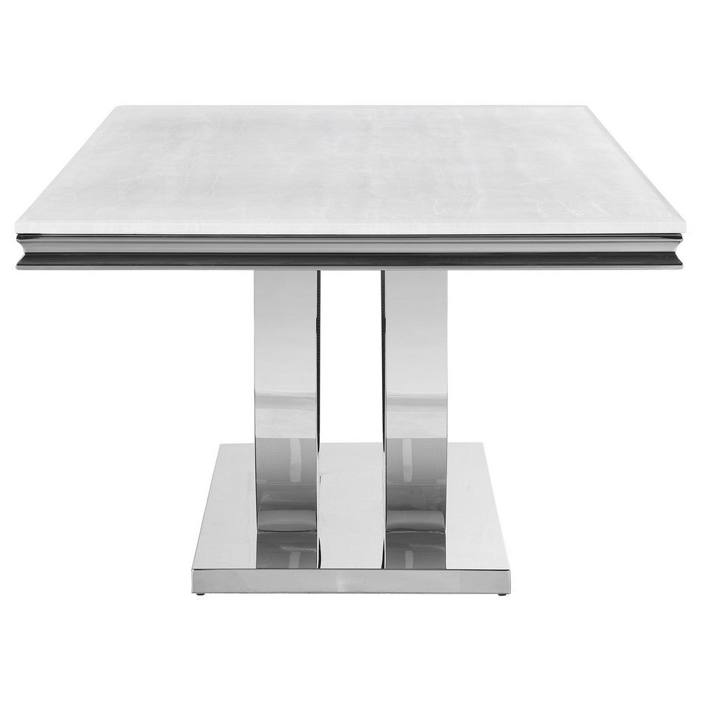 71 Inch Dining Table Rectangular White Faux Marble Top Pedestal Base By Casagear Home BM315256