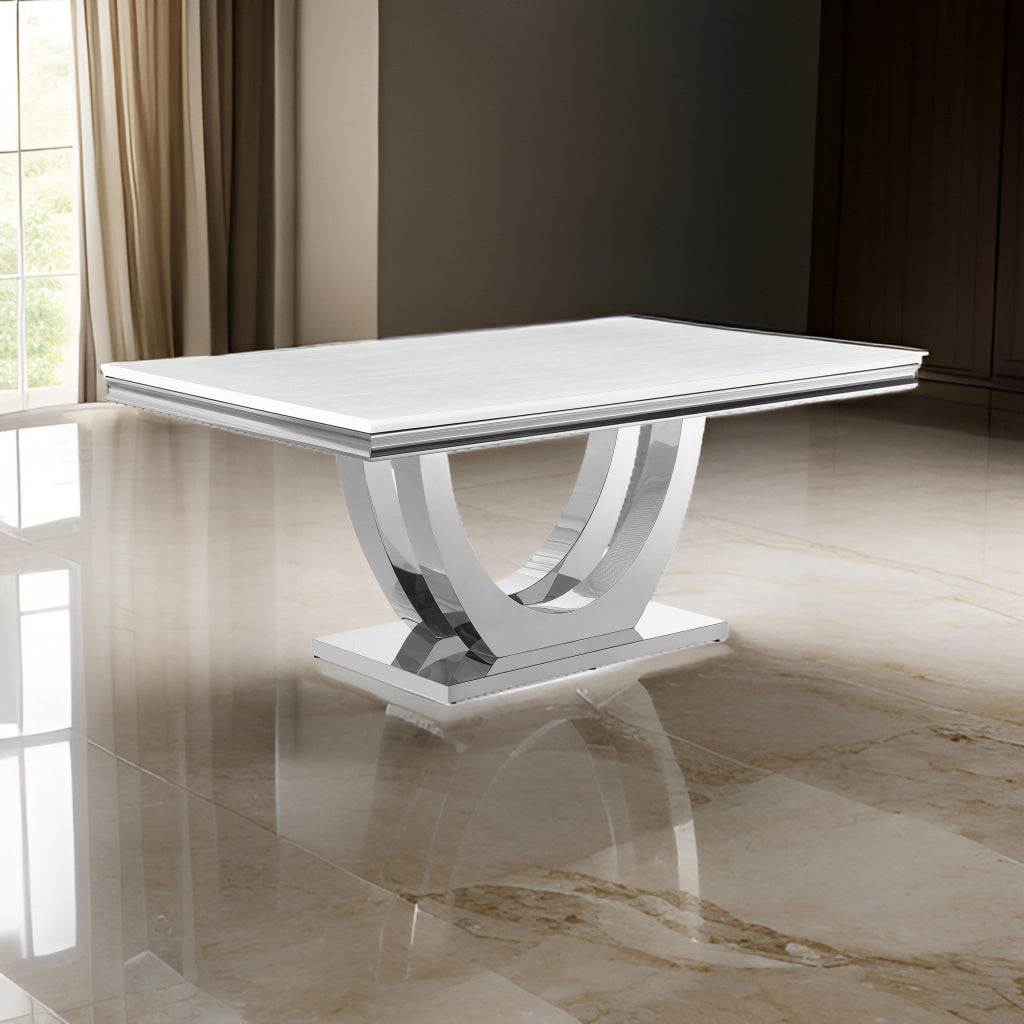 71 Inch Dining Table, Rectangular White Faux Marble Top, Pedestal Base By Casagear Home