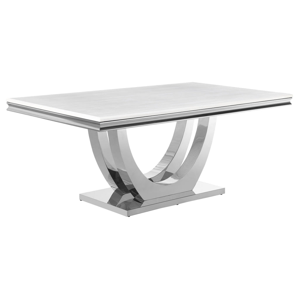 71 Inch Dining Table Rectangular White Faux Marble Top Pedestal Base By Casagear Home BM315256