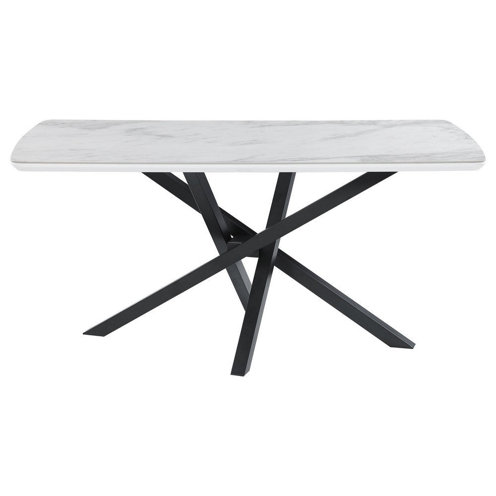 63 Inch Dining Table Rectangular White Top Geometric Base Gray Metal By Casagear Home BM315260