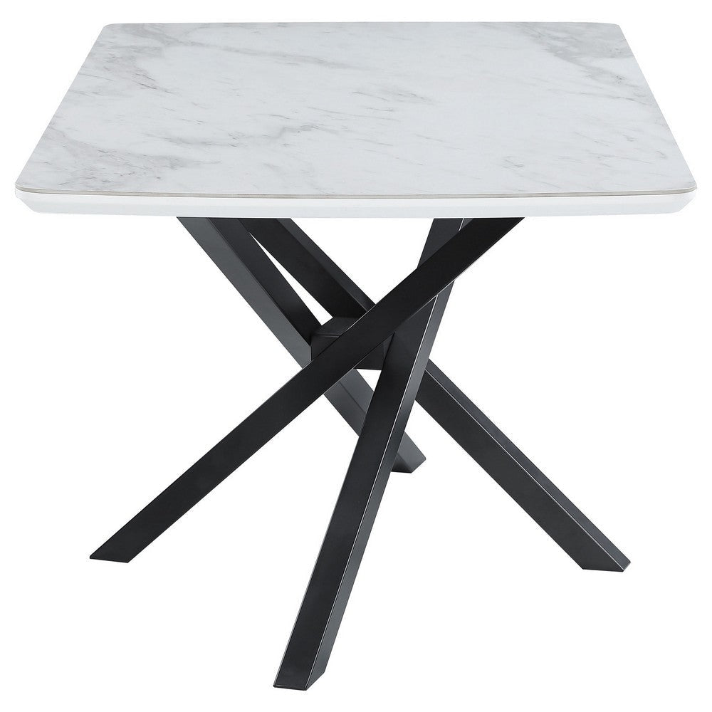 63 Inch Dining Table Rectangular White Top Geometric Base Gray Metal By Casagear Home BM315260