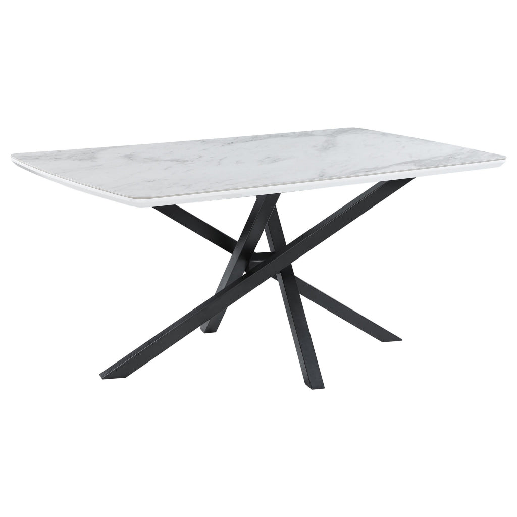 63 Inch Dining Table Rectangular White Top Geometric Base Gray Metal By Casagear Home BM315260