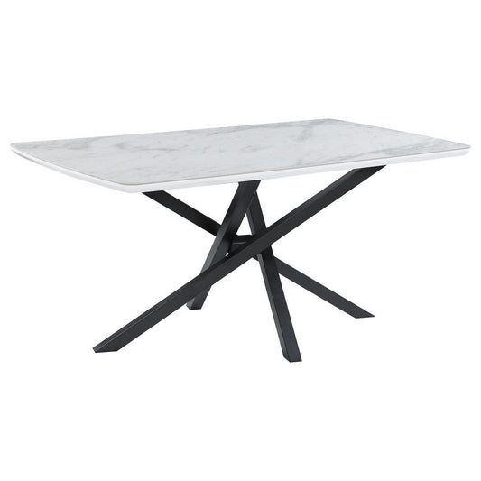 63 Inch Dining Table, Rectangular White Top, Geometric Base, Gray Metal By Casagear Home