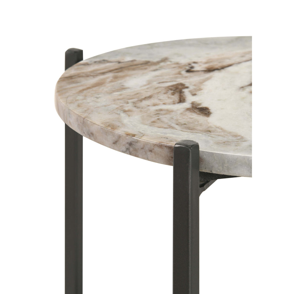 20 Inch Accent Table Round Marble Top 1 Shelf Brown Gunmetal Finish By Casagear Home BM315262